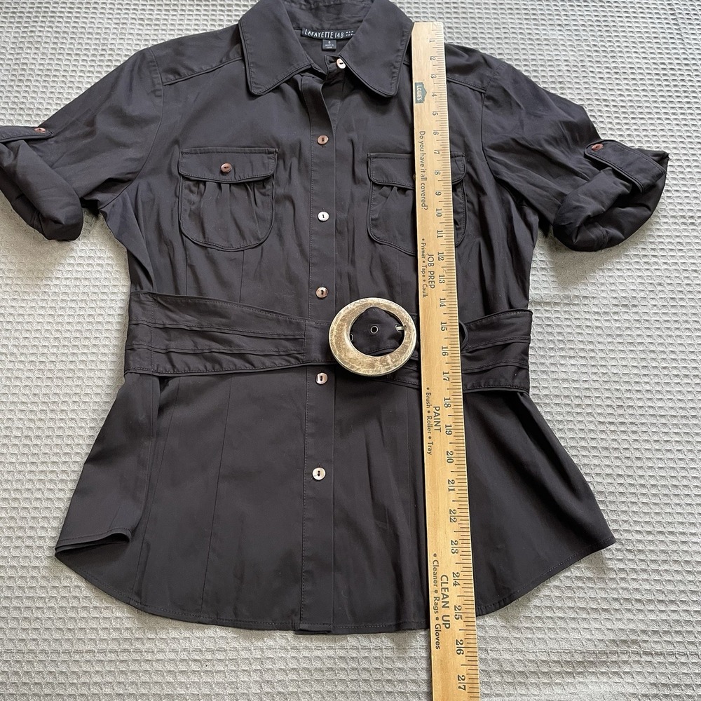 Lafayette 148 New York Utility Shirt 8 Womens Belted Dark Brown Cotton Stretch - Picture 5 of 8